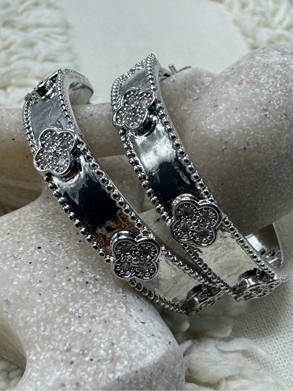New Silver Tone Clover Hoop Earrings Sparkling Statement